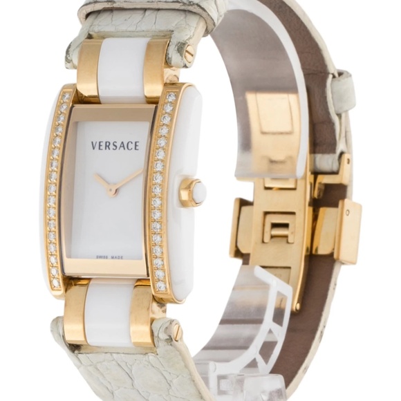 Versace Classic Gold Tone Watch Diamond Bezel White Alligator Leather Strap Band - Picture 2 of 3